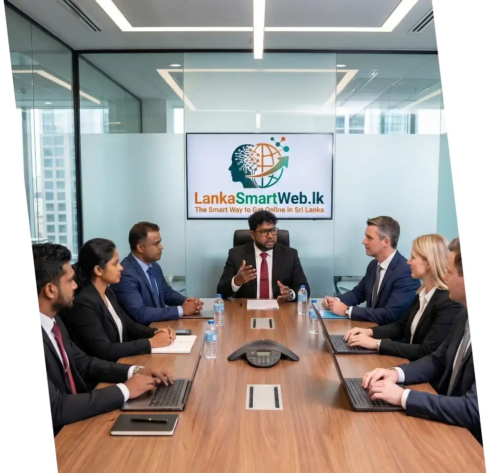 Pathum Ferdinando, CEO of Lankasmartweb, is sitting in a meeting with his international team.